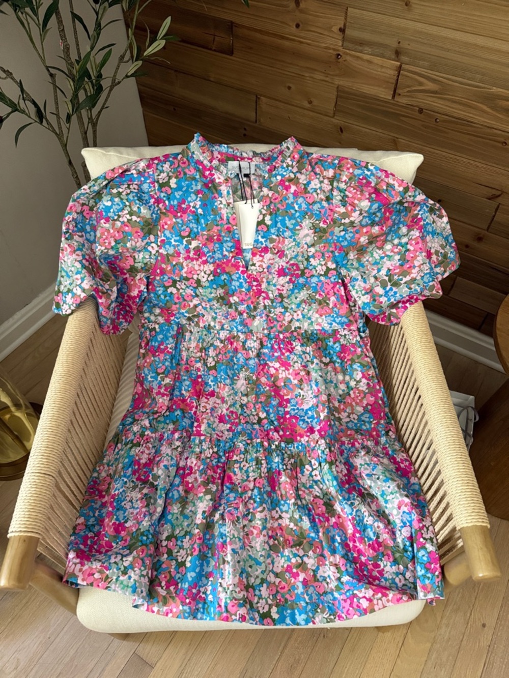 Bright Floral Short Sleeve Tiered Dress